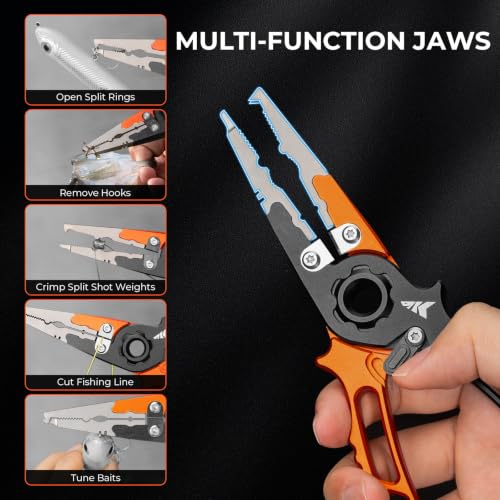 KastKing Ti-Forge Titanium Jaw Fishing Pliers Twin-Tip Split Ring Nose – Orange/Black