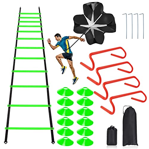 Agility Ladder Training Set - 20ft with Hurdles & Parachute - Green