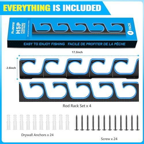 PLUSINNO H5P Fishing Rod Holders 4 Pack for Garage Wall & Ceiling Storage, Holds Up to 20 Rods, Blue