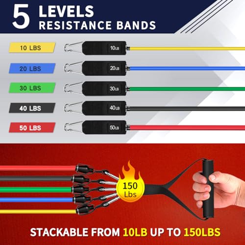 5-Level Resistance Bands Set with Handles - Natural Latex, 10-50 lbs