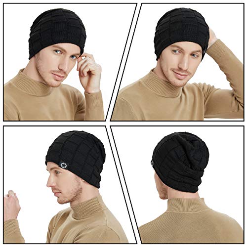 Winter Knit Slouchy Beanie Hat - Thick Soft Stretch Skully Cap - Black