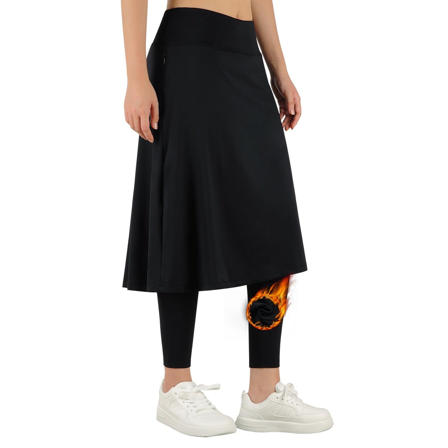 ANIVIVO Women's Knee Length Fleece Lined Leggings with Skirt, Winter Warm Skirted Leggings for Women Zipper Pockets (Black,M-huan)