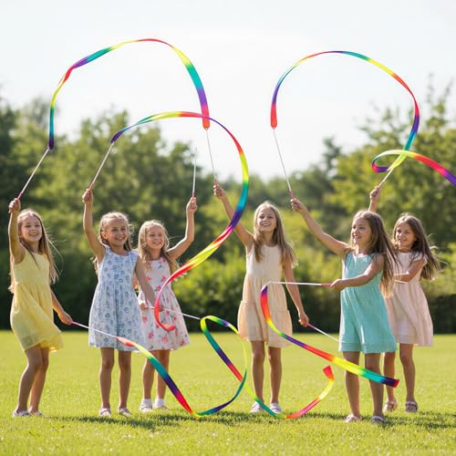 2Pcs Colorful Dancing Ribbons with Wands - Neon Rainbow Gradient