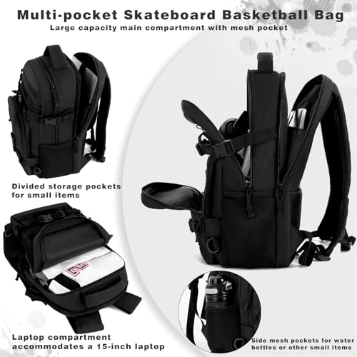 LASUK Large Skateboard Backpack with Laptop Compartment Black - Water-Resistant & Anti-Theft