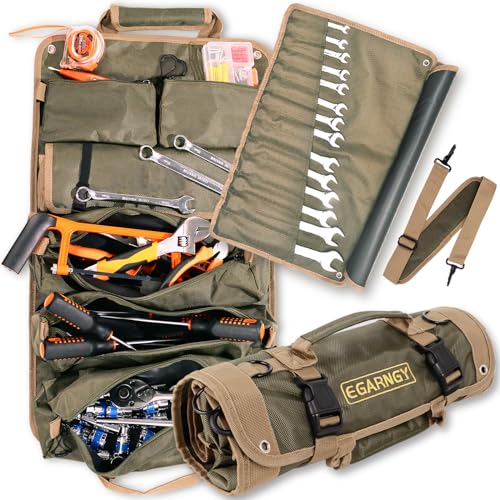 Tool Roll Up Bag, Large Tool Bag Organizer for Electrician, Heavy Duty Detachable with 3 Big Tool Pouches, 1 14-pocket Wrench Organizer, 2 Small Storage Tool Bag, Gift for Men/Dad/Him