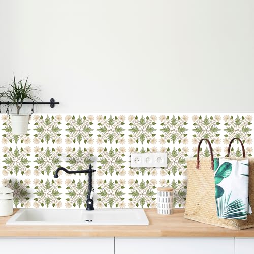 AMAZINGWALL Home Kitchen Backsplash Tile Squares Maile Leaf & Pikake Lei Peel and Stick Waterproof Bathroom Countertop Self Adhesive Decoration Mural Wall Sticker 4x4/pcs 24PCS