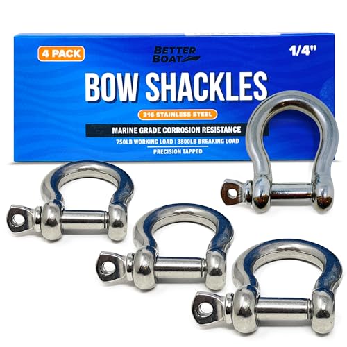Better Boat 1/4 Inch Marine Grade Stainless Steel D-Ring Shackles - 4 Pack