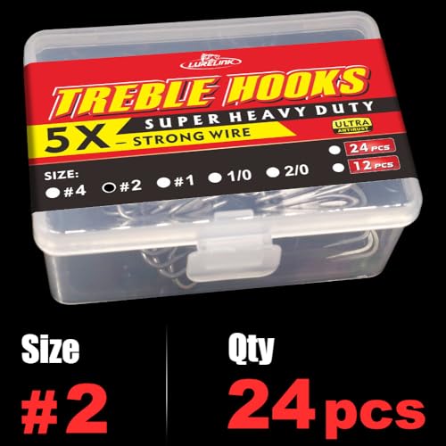 LURELINK 24-Pack 5X Extra Strong Treble Hooks for Saltwater & Freshwater Fishing Size 2
