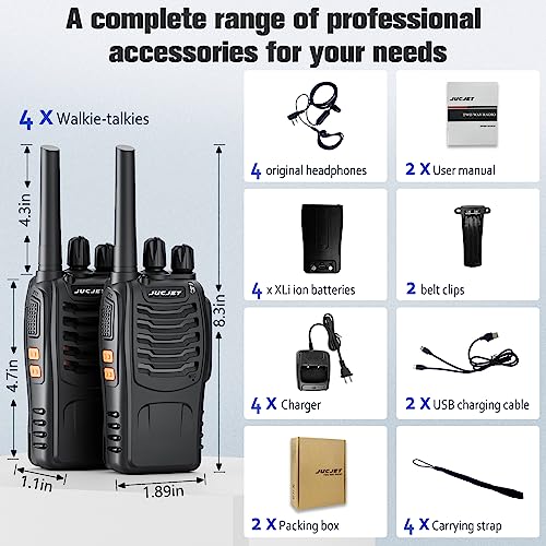 JUCJET H888S-4 Pack Two-Way Radios with Earpieces, 16 Channels, Rechargable Walkie Talkies for Small Groups