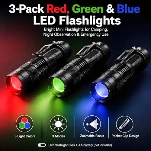 MVIOCS 3-Pack Mini LED Flashlights with Red, Green, Blue Lights, Zoomable, Portable Torch for Camping & Outdoor Use