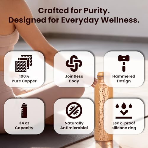 Natural Copper Water Bottle Set of 2 - 32oz Pure Handcrafted Travel & Drinkware