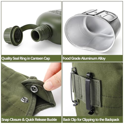 Military Canteen with Aluminum Cup & Utensils - 1 Quart Portable Water Bottle for Camping & Hiking