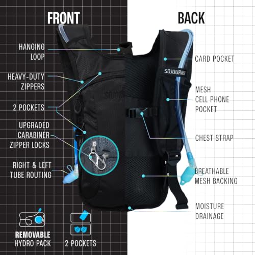 Hydration Backpack with 2L Bladder - Black Solid - Lightweight Water Pack for Festivals, Hiking, Running, Biking