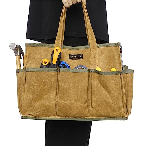 16OZ Waxed Canvas Tool Tote Bag | Large-Capacity Tool Storage Tote with 10 External Pockets | Multi-Purpose Garden Tool Carrier for Gardening, Wrench, and Carpentry Tools ? Khaki