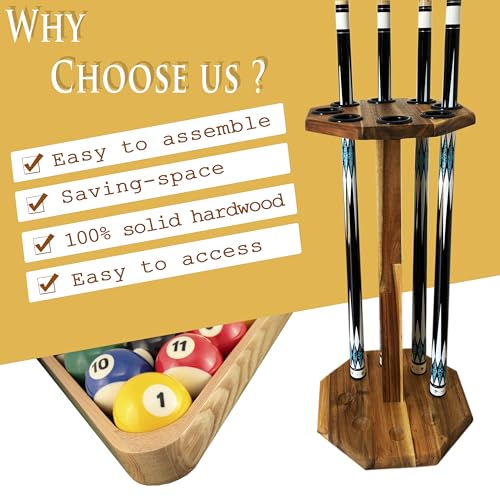 Wooden Freestanding Pool Cue Rack - Holds 8 Cues, Brown