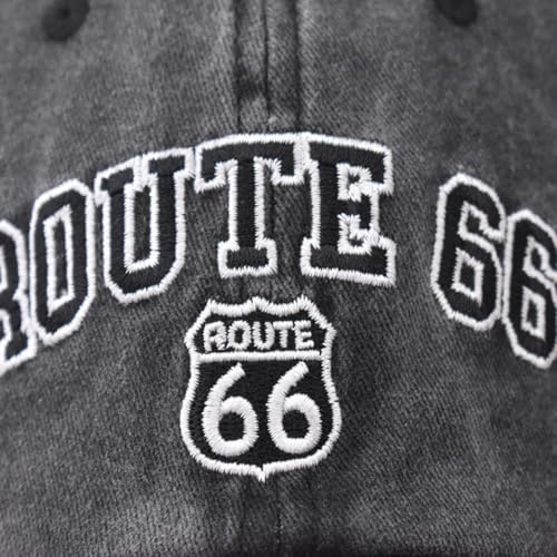 FANPOI Vintage Washed Cotton Baseball Cap for Women & Men - Black, Medium-Large, Route 66 Embroidered Sun Protection