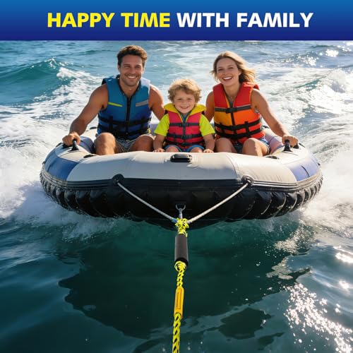 60FT Heavy Duty Boat Tow Rope for Tubing - Yellow & Black, 3 Person