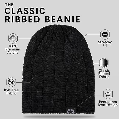 Winter Knit Slouchy Beanie Hat - Thick Soft Stretch Skully Cap - Black