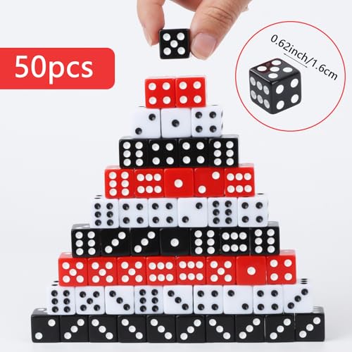 50-Piece 16mm Standard Game Dice Set - Black, White, Red Acrylic Square Corner