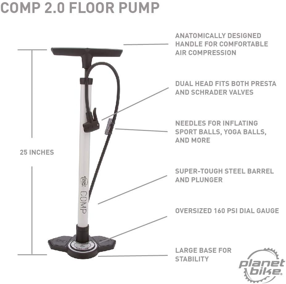 Planet Bike Comp Floor Pump - High-Pressure Performance | Durable White Design