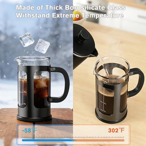 MOYAC Chrome French Press 34oz | Thickened Heat-Resistant Glass, 4-Level Filtration