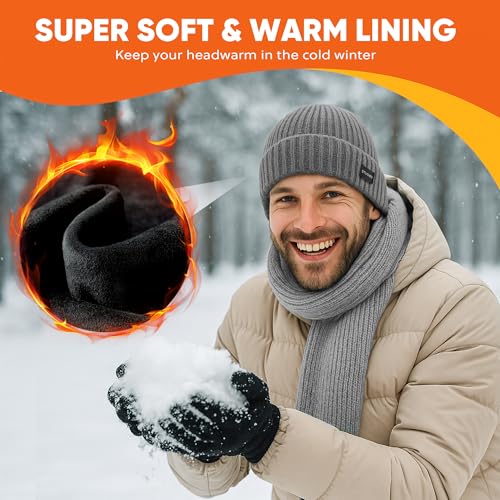 Winter Beanie Merino Wool Fleece Lined Knit Hat - Grey