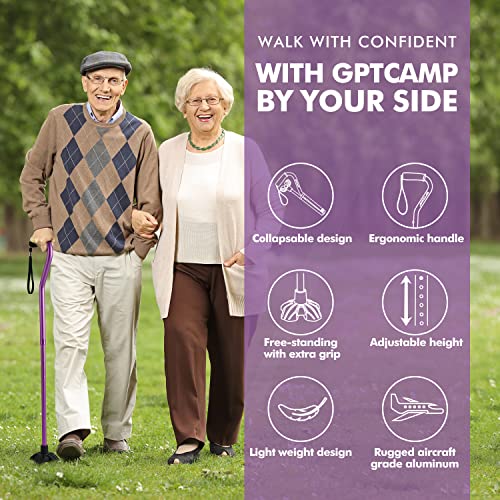 GPTCAMP G1 Walking Cane Quad Base Self-Standing 300 lbs - Purple