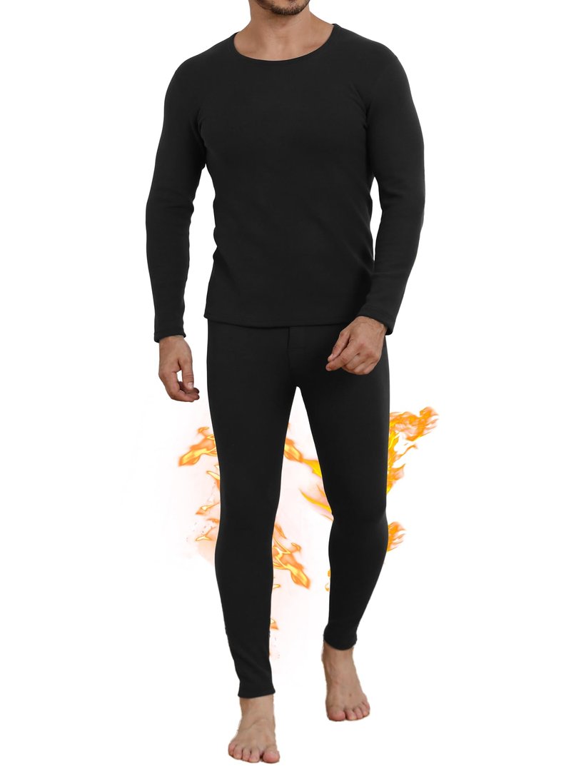 TRENDOUX Long Johns For Men Thermal, Soft Winter Wool Top And Bottom Sets, Thick Moisture Wicking Thermal Underwear, Stretchy Knitted Inner Wear For Running, Hiking, Cycling Black M