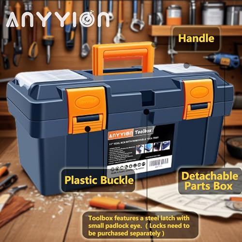 Anyyion 16.5-inch Tool Box with Removable Tray, Small Parts Box On The Lid is Removable, Tray Can be Removed and Combined at Will (Internal Dimensions 15.2x6.89x6.1 inch)