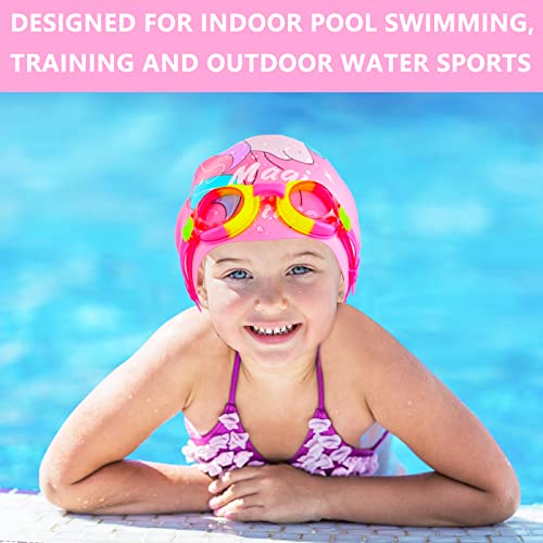 Pink Kids Swim Cap for Girls (Ages 2-6) with Goggles, Ear Plugs & Nose Clip