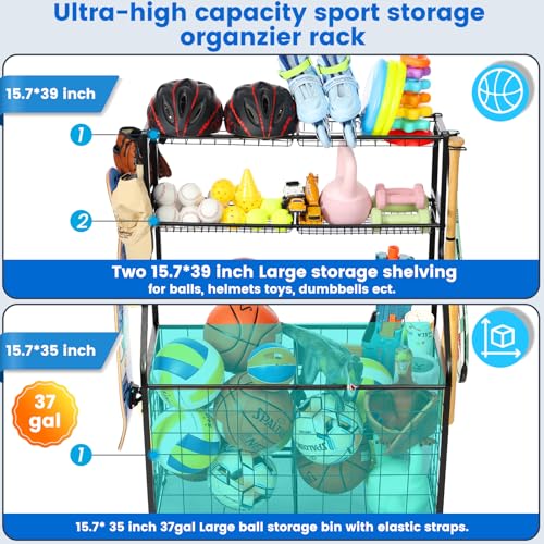 Garage Sports Equipment Organizer with Steel Rack & Wheels