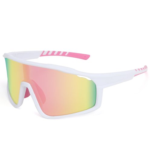 MMOWW Polarized Sports Sunglasses for Men Women Cycling Glasses Wrap Around UV400 Protection Running Driving Fishing, White/Pink