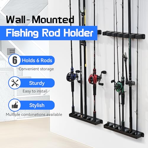 Vertical Fishing Rod Holder - Wall-Mounted for 6 Rods - Black