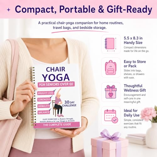 Chair Yoga for Seniors Over 60 - 30-Day Challenge Guide & Chart - Pink