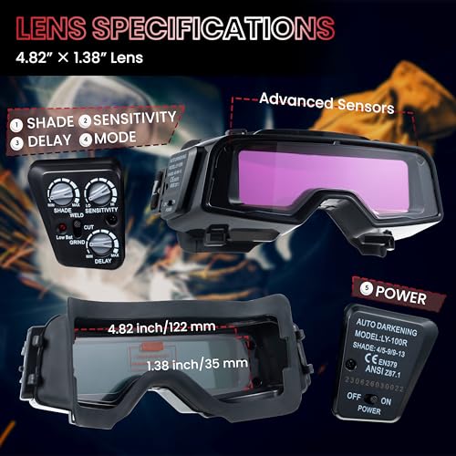Meonum Auto Darkening Welding Goggles, Wide Rang Shade 4/5-9/9-13, Welding Glasses with Welder Mask and 10 Replacement Lenses, Adjustable Sensitivity work for TIG MIG ARC Plasma Cutting