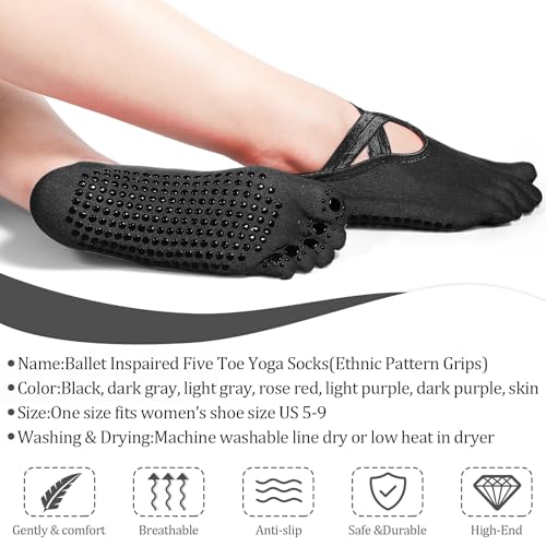 SATINIOR 7 Pairs Women’s Yoga Toe Socks with Grip - One Size, Black