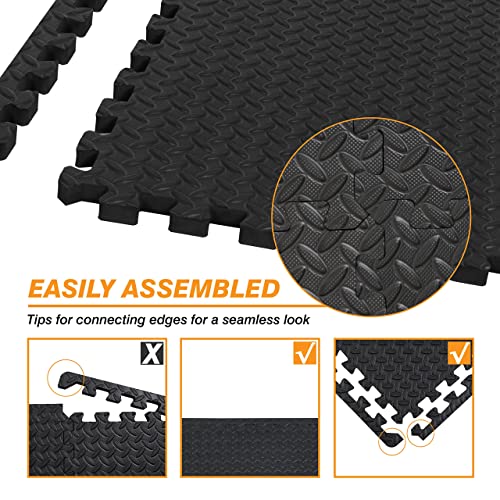 EVA Exercise Floor Mats - Interlocking Foam Tiles, 0.5 Inch Thick, 24 SQ FT - Black