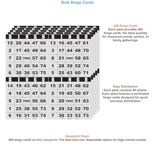 200 Bingo Cards, Large 4.5 x Inch, Paper Sheets