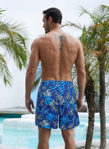 Men's Swim Trunks with Compression Liner - 7" Quick Dry - XX-Large Blue Palm Leaf