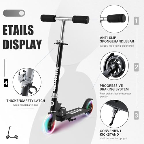 Welmotive Black Foldable Kids Kick Scooter with LED Light Wheels & Adjustable Handlebar
