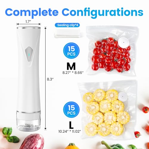 White Handheld Vacuum Sealer with Visible Tank, Portable Food Saver, 30 Reusable Bags
