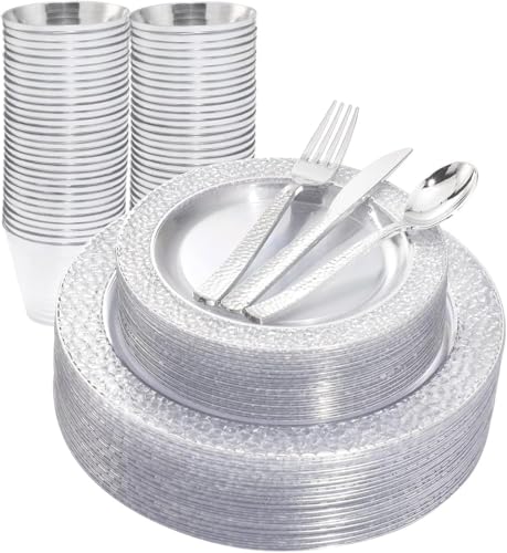 Ciaell 150PCS Silver Disposable Plastic Plates Cutlery Set for Weddings & Parties
