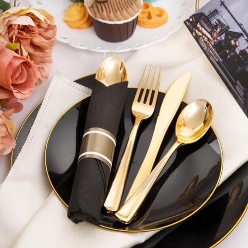 Black and Gold 60 Pack Pre Rolled Plastic Silverware Set with Napkins