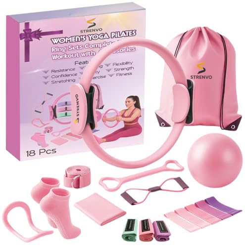 Yoga Pilates Ring Set - 18 Pcs Fitness Kit for Women - Pink