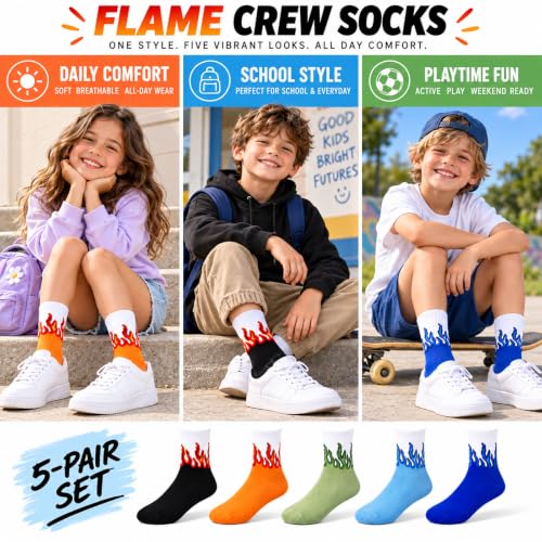 Kids Flame Socks 5 Pairs - Colorful Fire Pattern Crew Socks, 4-5 Years, Lirpazelyx