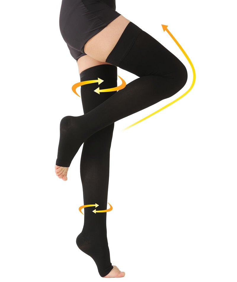 MGANG Medical Thigh High Compression Stockings for Men & Women, Pair, Open Toe, 20-30 mmHg Graduated Compression Support Hose, Opaque, Best for Varicose Veins, Edema, Flight, DVT, Swelling, Black XL