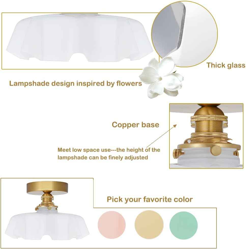 Vintage Pink Flush Mount Ceiling Light - Brass Semi-Flush Fixture with Flower Glass Shade for Small Rooms & Hallways
