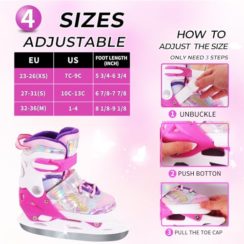 Kids Adjustable Butterfly Ice Skates for Girls - Size 4, Fleece Lining, Outdoor & Rink