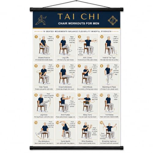 Tai Chi Chair Workout Chart for Seniors - Dark Blue Seated Exercises