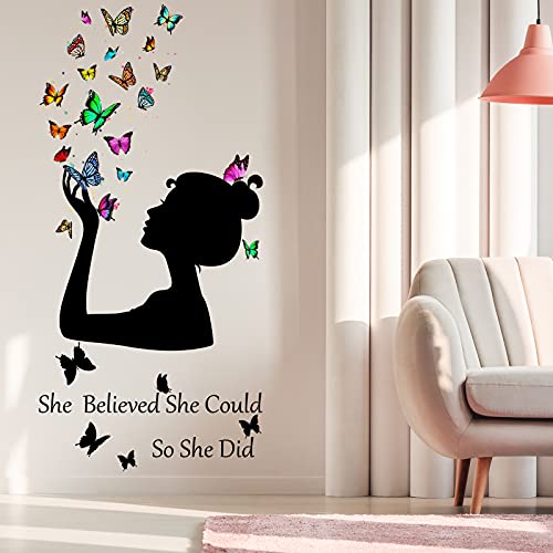 Chinco Inspirational Quote Wall Decals Butterfly She Believed She Could So Did Wall Stickers Positive Sayings Vinyl Stickers for Women Graduation Back to School Bedroom Living Room Office Classroom